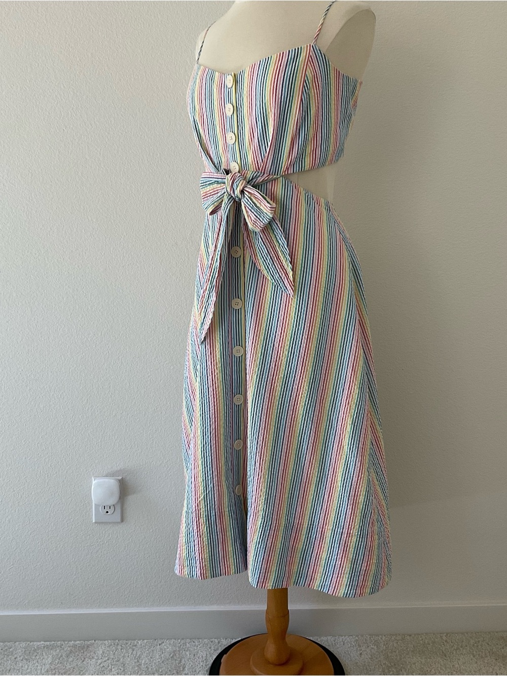 J. Crew Rainbow Seersucker Dress Cut-Out Tie Front Stripe Midi Dress 10 - Picture 4 of 16